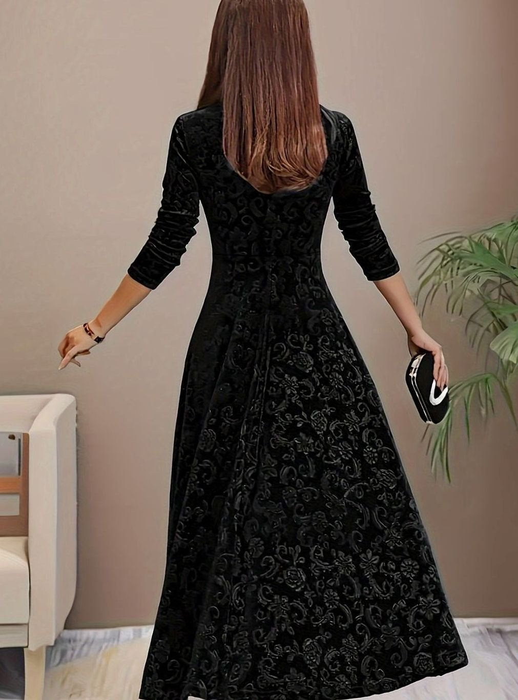 Sylvie | Women's Velvet A-Line Square-Neck Three-Quarter-Sleeve Dress