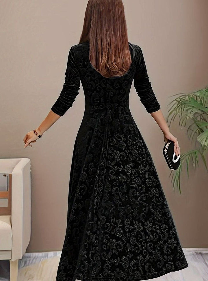 Sylvie | Women's Velvet A-Line Square-Neck Three-Quarter-Sleeve Dress