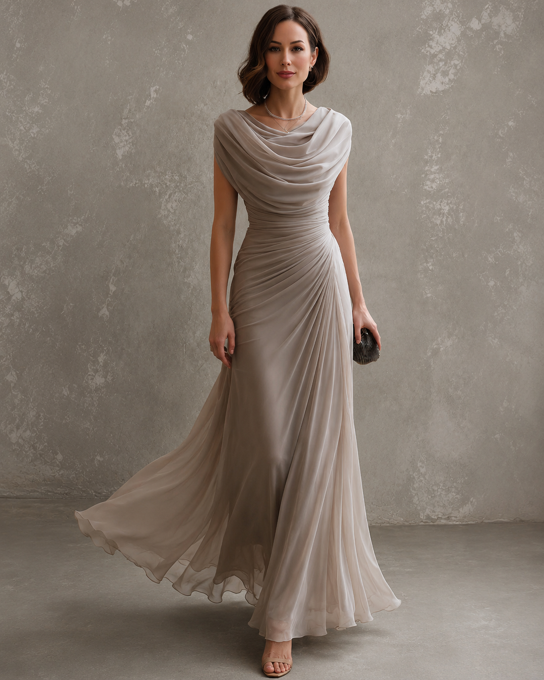 Woman wearing sleeveless draped maxi dress outdoors
