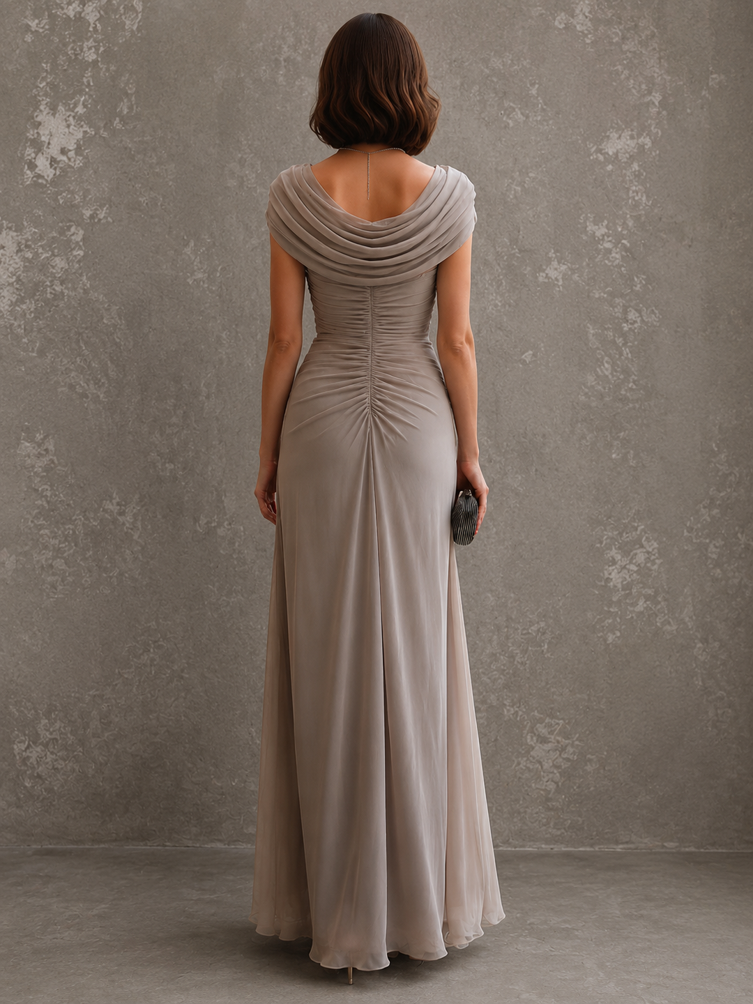 Woman wearing sleeveless draped maxi dress outdoors