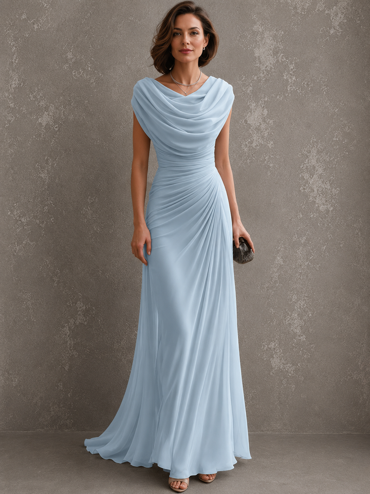 Woman wearing sleeveless draped maxi dress outdoors