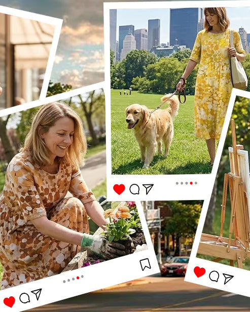 Woman wearing floral print midi dress with short sleeves