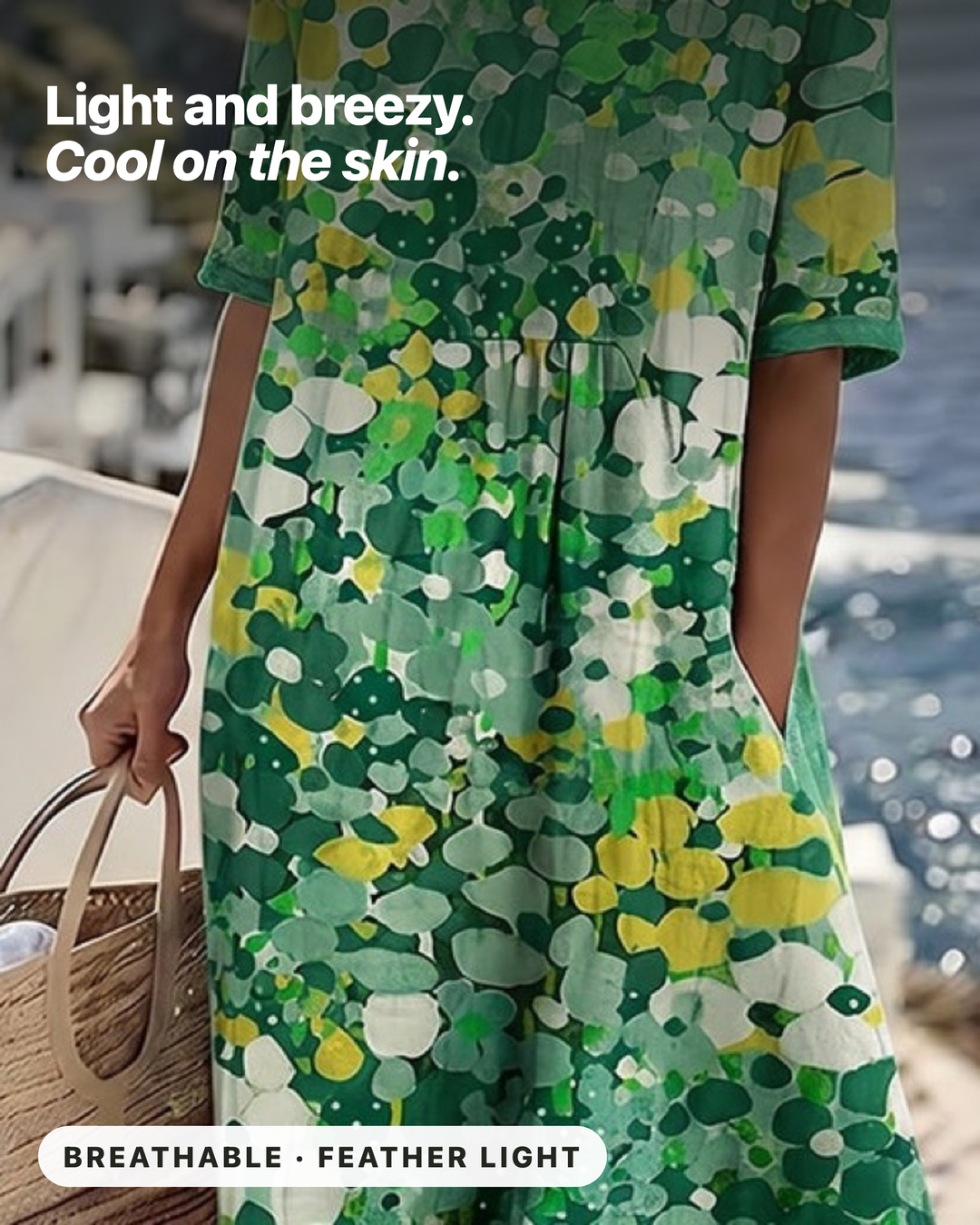 Woman wearing floral print midi dress with short sleeves