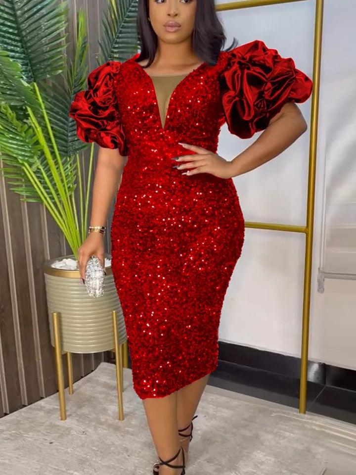 Lavinia | Women's Sequin Bodycon V-Neck Puff-Sleeve Dress