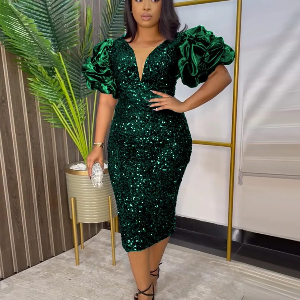 Lavinia | Women's Sequin Bodycon V-Neck Puff-Sleeve Dress