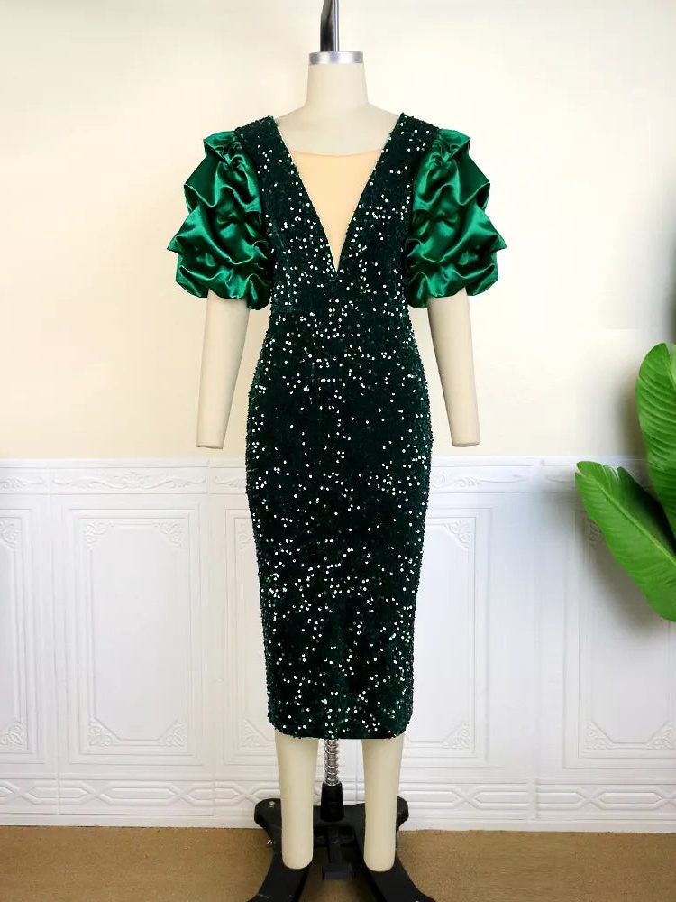 Lavinia | Women's Sequin Bodycon V-Neck Puff-Sleeve Dress