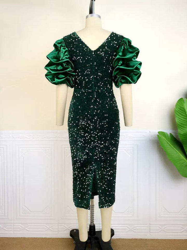 Lavinia | Women's Sequin Bodycon V-Neck Puff-Sleeve Dress