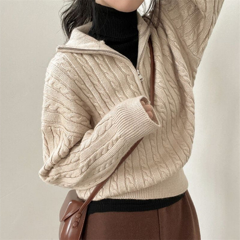 Marigold | Women's Cable-Knit Zip-Front Funnel-Neck Cropped Sweater