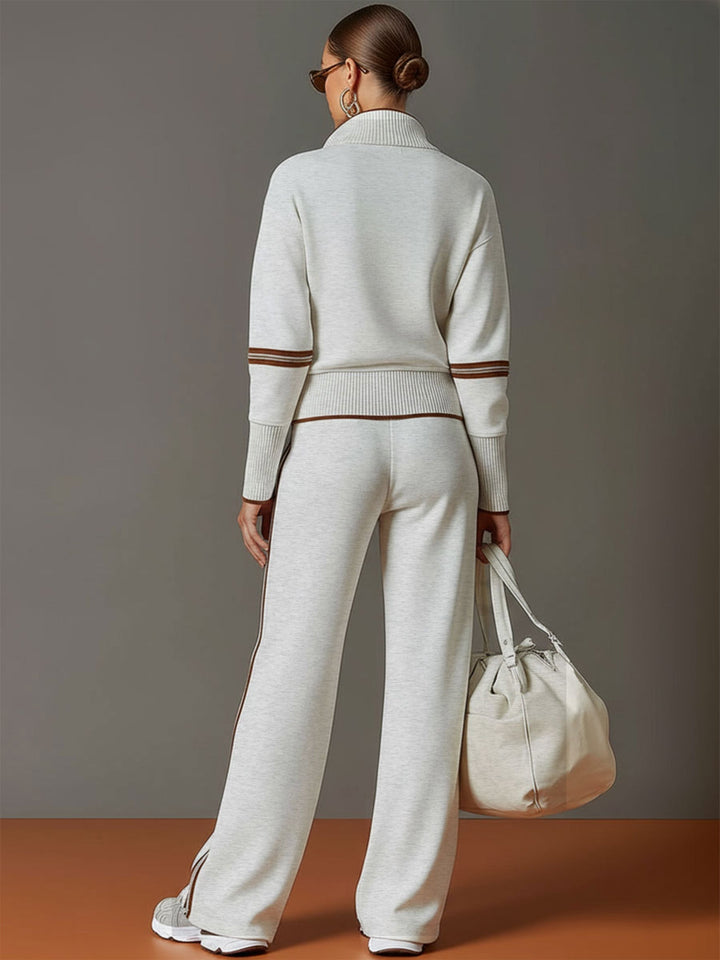 Woman wearing relaxed two piece wide leg set with blouse