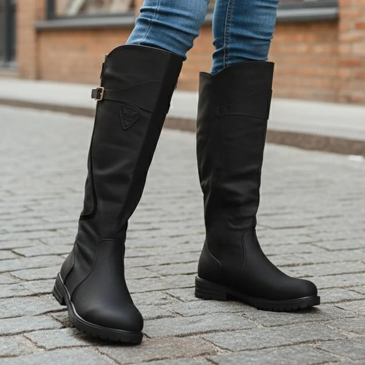 Eirwen | Women's Leather Round-Toe Block-Heel Knee-High Boots