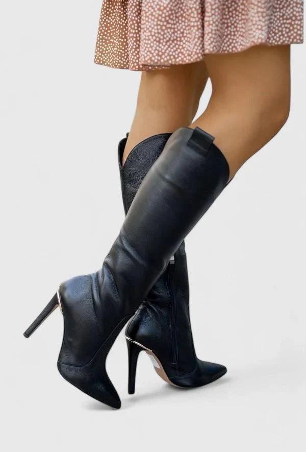 Arletta | Women's Leather Pointed-Toe Stiletto Knee-High Boots