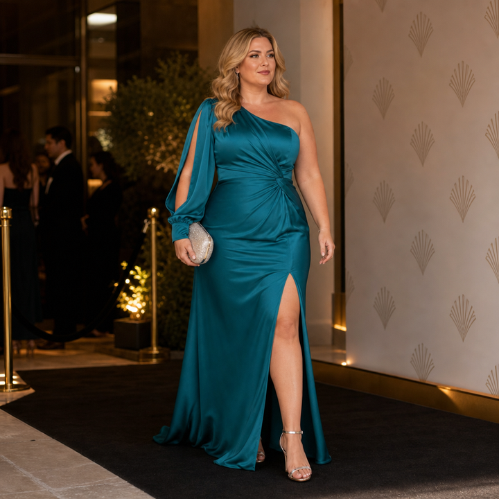 Annelise | Women's Satin Ruched One-Shoulder Maxi Dress