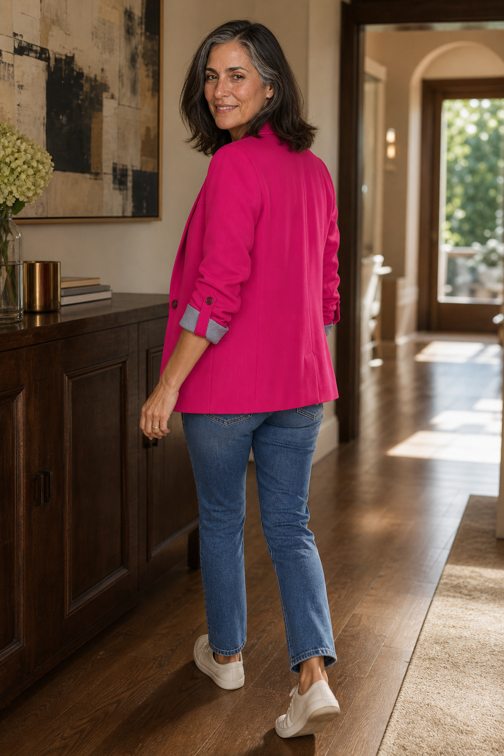 Women's structured lapel blazer cardigan front view