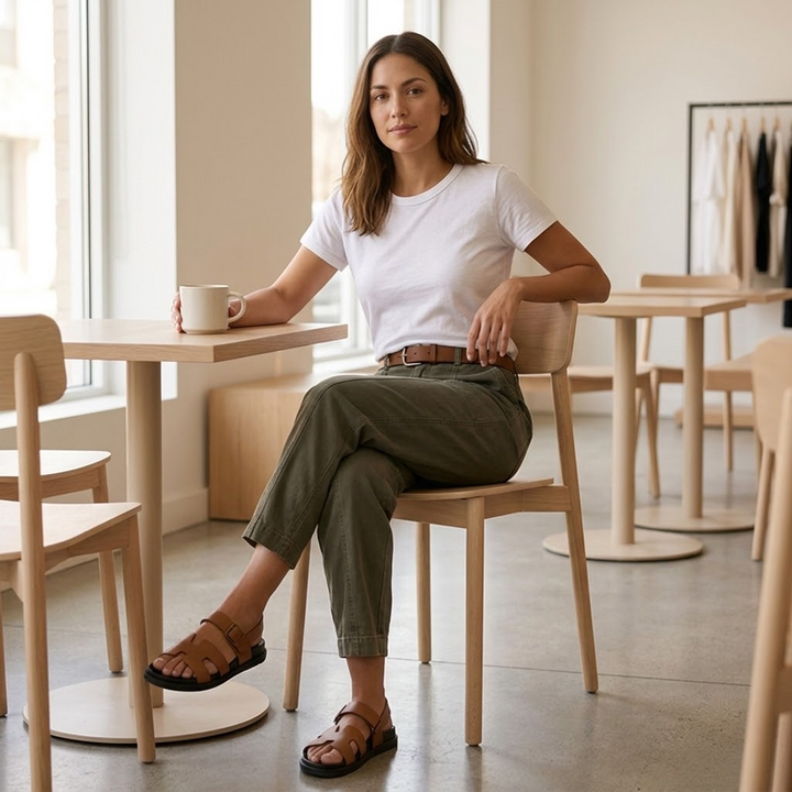 Woman wearing high waist tailored utility pants with pockets