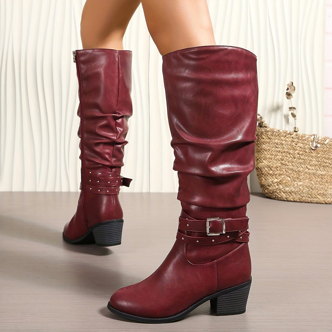 Cyrilla | Women's Studded Block-Heel Knee-High Zip-Up Boots