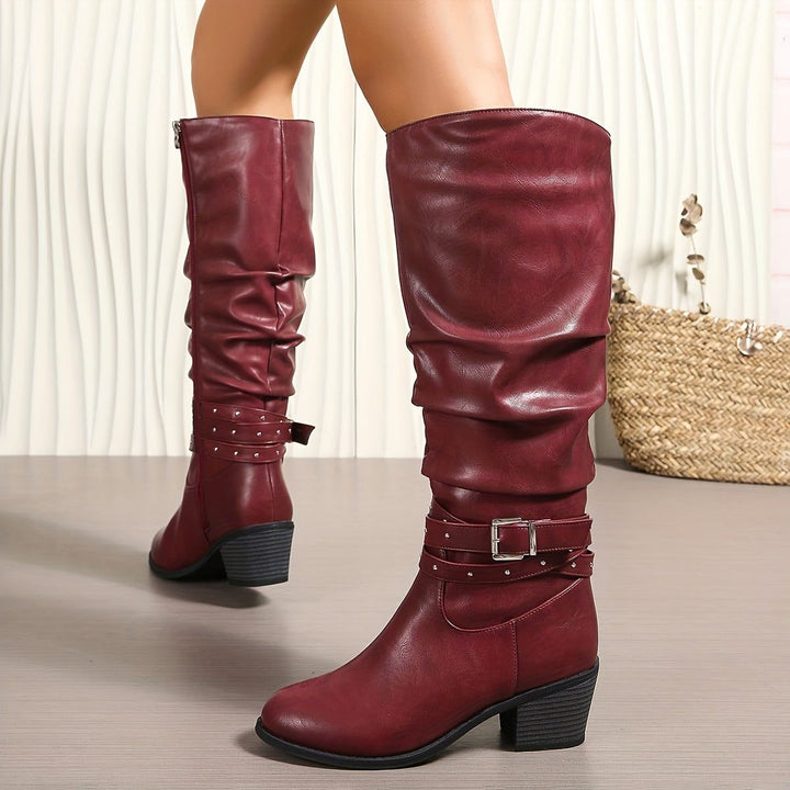 Cyrilla | Women's Studded Block-Heel Knee-High Zip-Up Boots