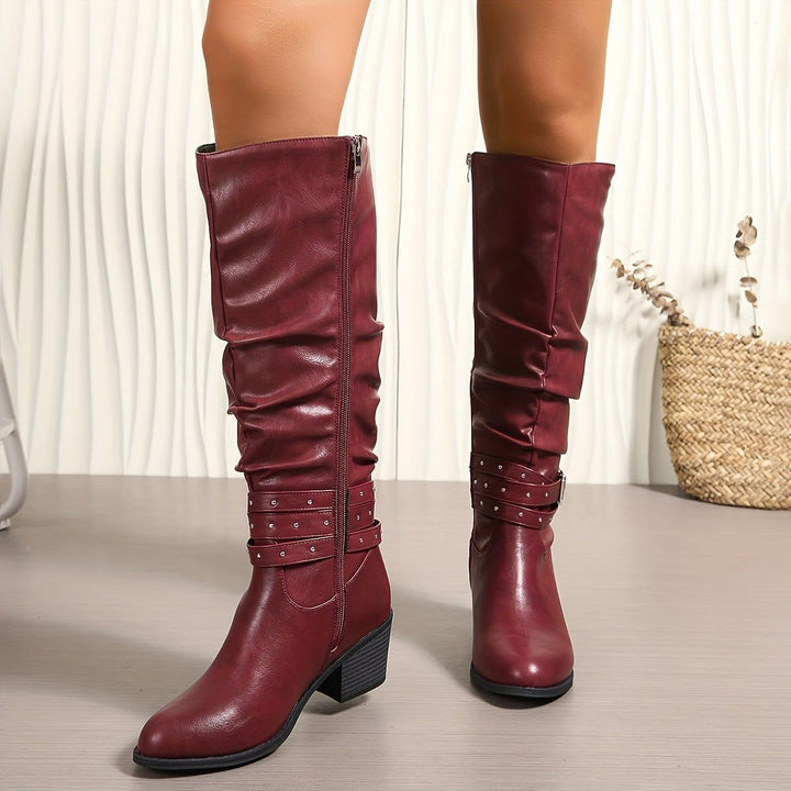 Cyrilla | Women's Studded Block-Heel Knee-High Zip-Up Boots
