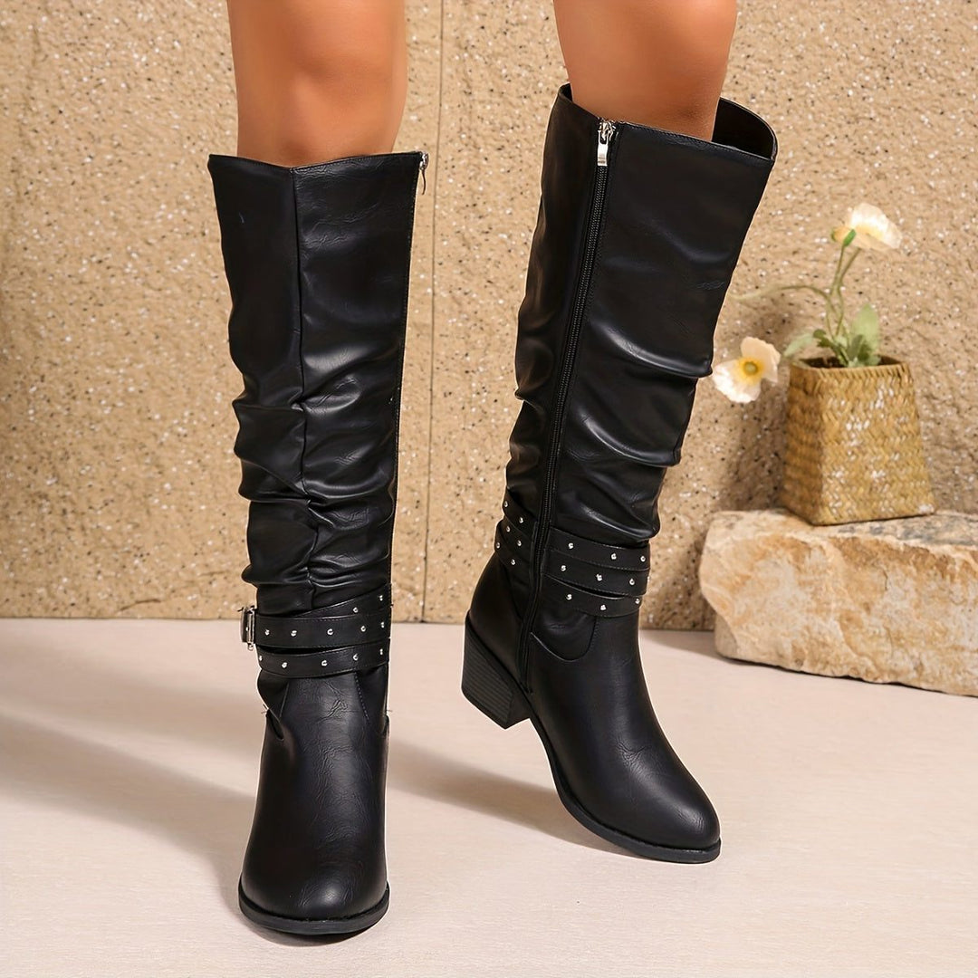 Cyrilla | Women's Studded Block-Heel Knee-High Zip-Up Boots