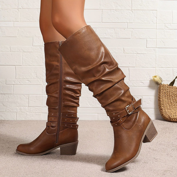 Cyrilla | Women's Studded Block-Heel Knee-High Zip-Up Boots