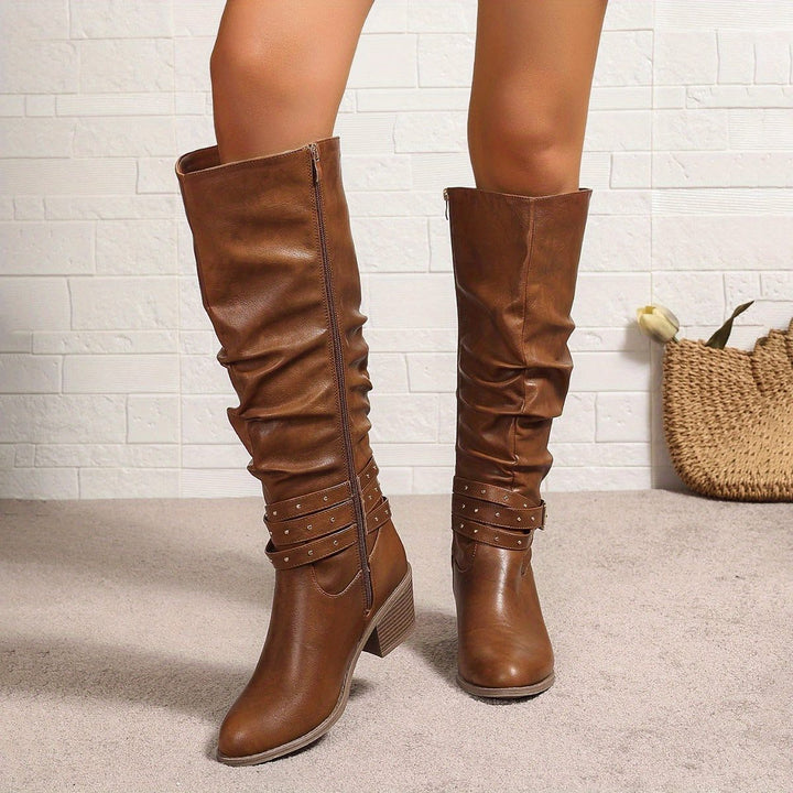Cyrilla | Women's Studded Block-Heel Knee-High Zip-Up Boots