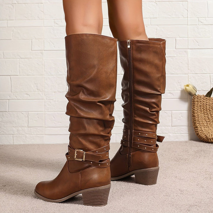 Cyrilla | Women's Studded Block-Heel Knee-High Zip-Up Boots