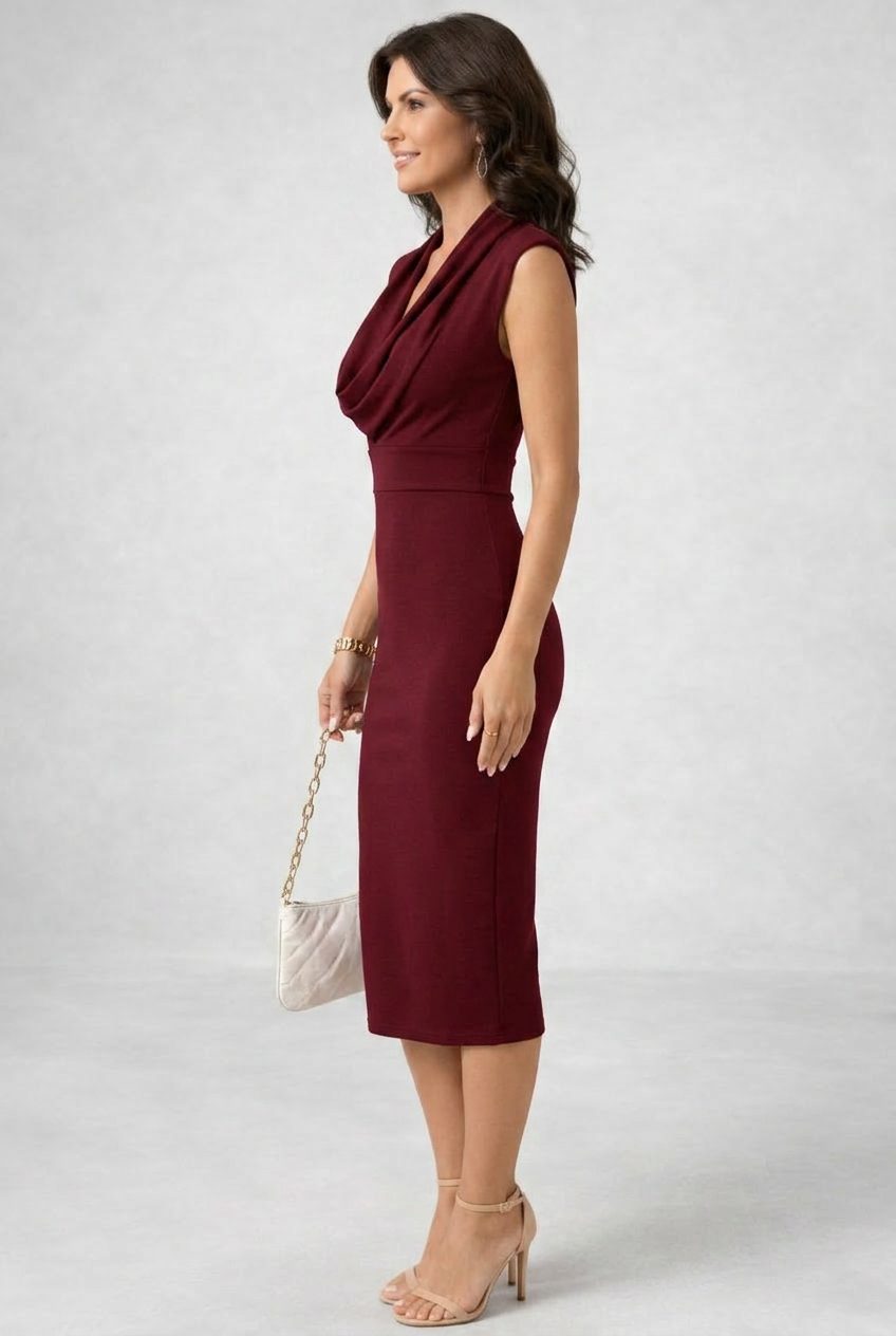 Emmanuelle | Women's Draped Cowl-Neck Sleeveless Midi Dress