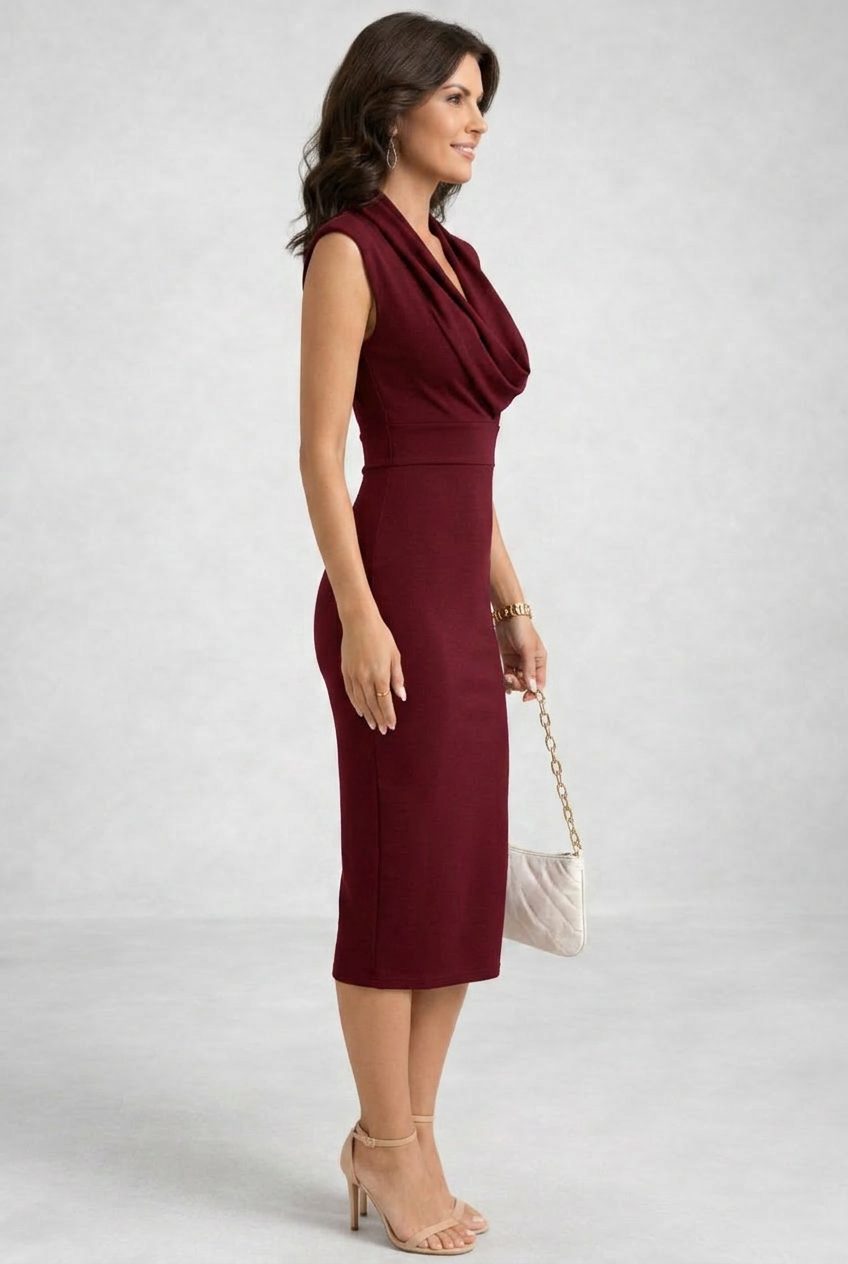 Emmanuelle | Women's Draped Cowl-Neck Sleeveless Midi Dress