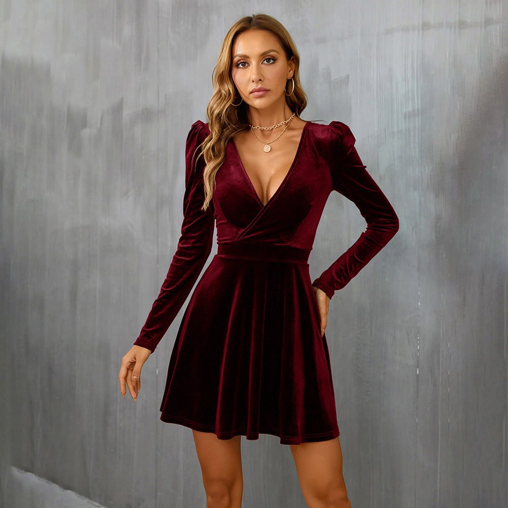 Amandine | Women's Velvet Wrap V-Neck Long-Sleeve Dress