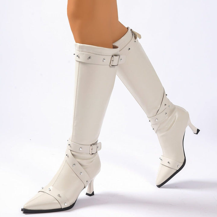 Apollonia | Women's Studded Pointed-Toe Knee-High Buckle Boots