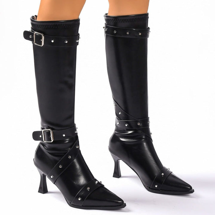 Apollonia | Women's Studded Pointed-Toe Knee-High Buckle Boots