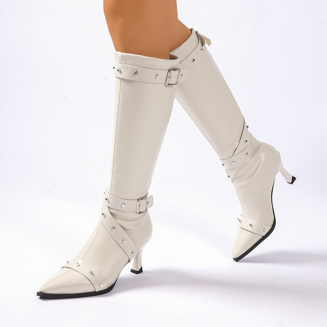 Apollonia | Women's Studded Pointed-Toe Knee-High Buckle Boots