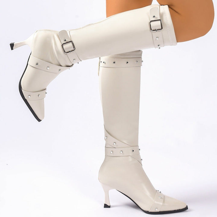 Apollonia | Women's Studded Pointed-Toe Knee-High Buckle Boots