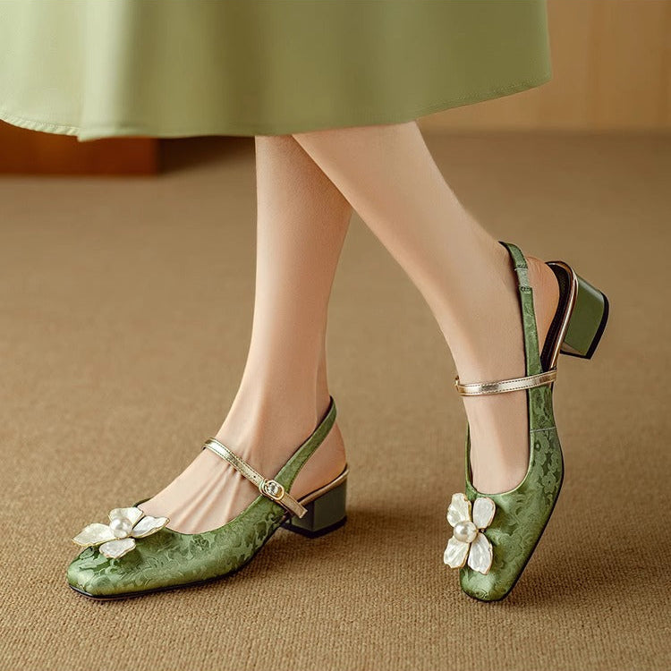 Hannelore | Women's Embellished Square-Toe Block-Heel Slingback Pumps