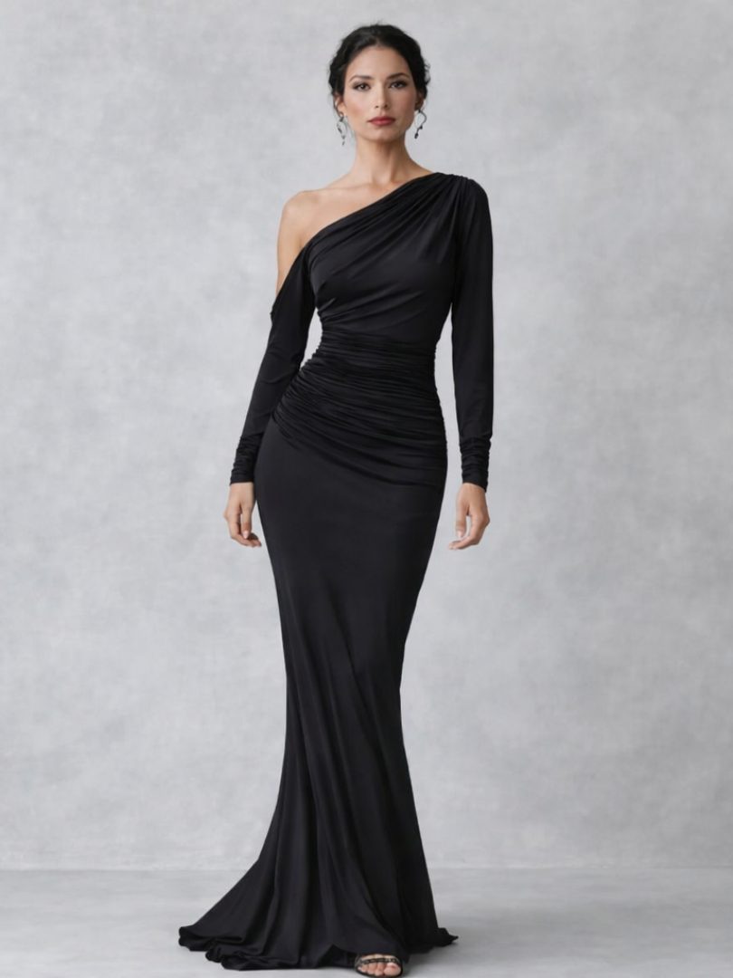 Violaine | Women's Velvet Ruched One-Shoulder Long-Sleeve Dress