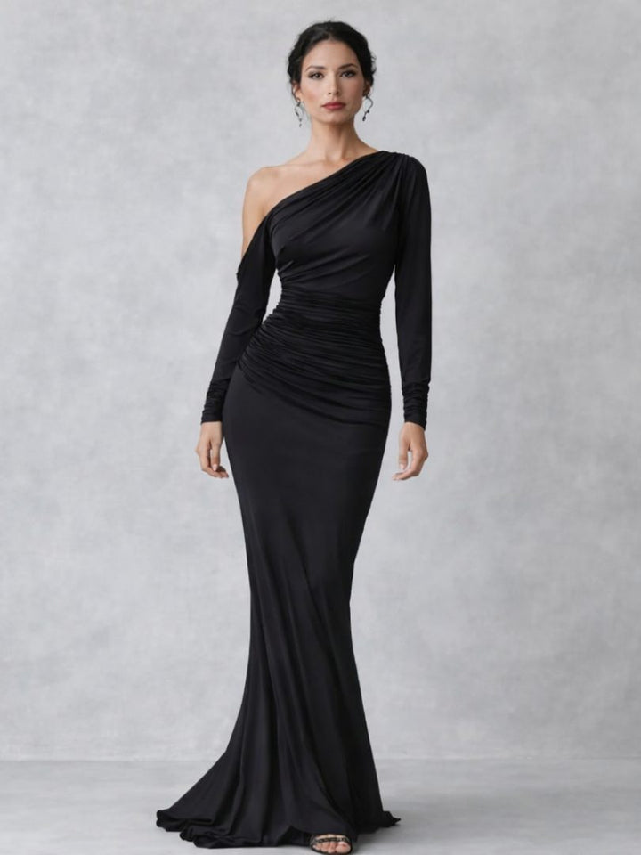 Violaine | Women's Velvet Ruched One-Shoulder Long-Sleeve Dress
