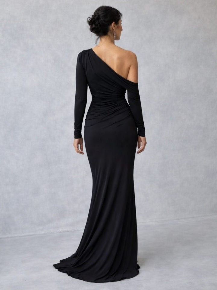 Violaine | Women's Velvet Ruched One-Shoulder Long-Sleeve Dress