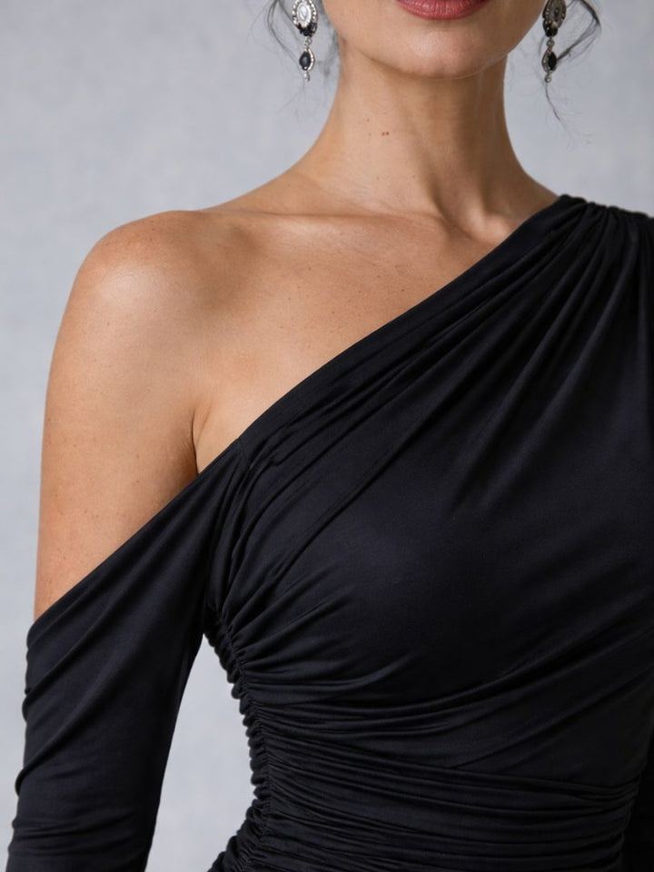 Violaine | Women's Velvet Ruched One-Shoulder Long-Sleeve Dress
