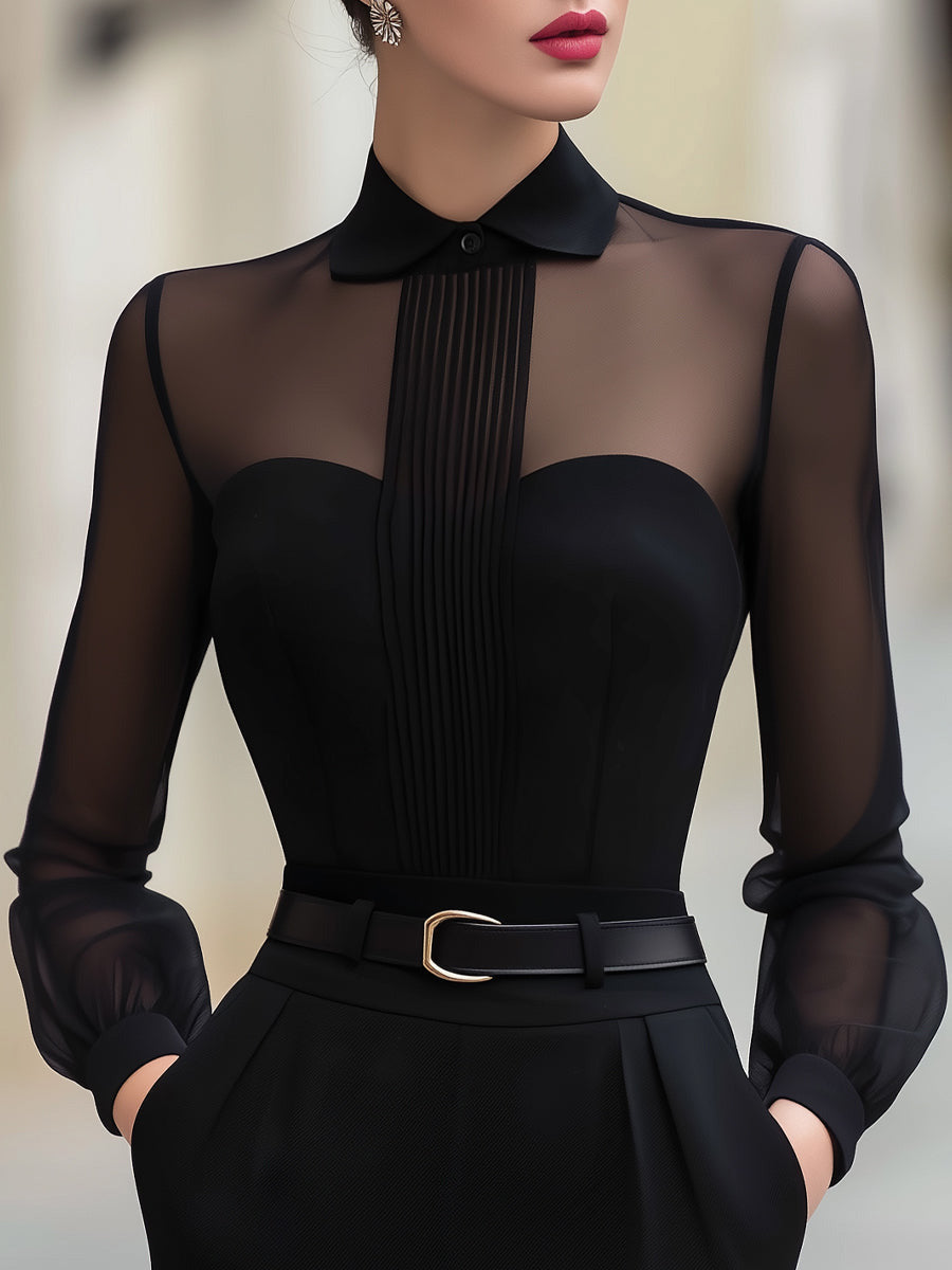 Woman wearing loose long sleeve shirt-collar top