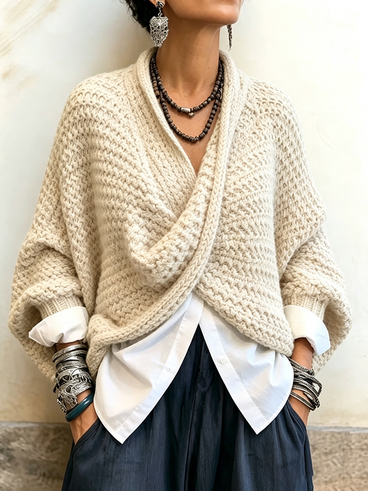 Woman wearing batwing crossover v-neck sweater in fall outfit