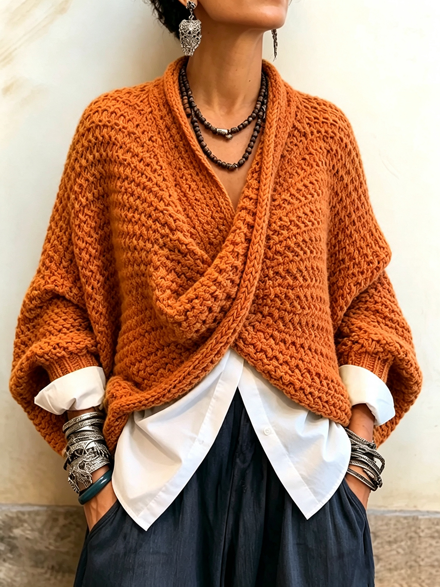 Woman wearing batwing crossover v-neck sweater in fall outfit