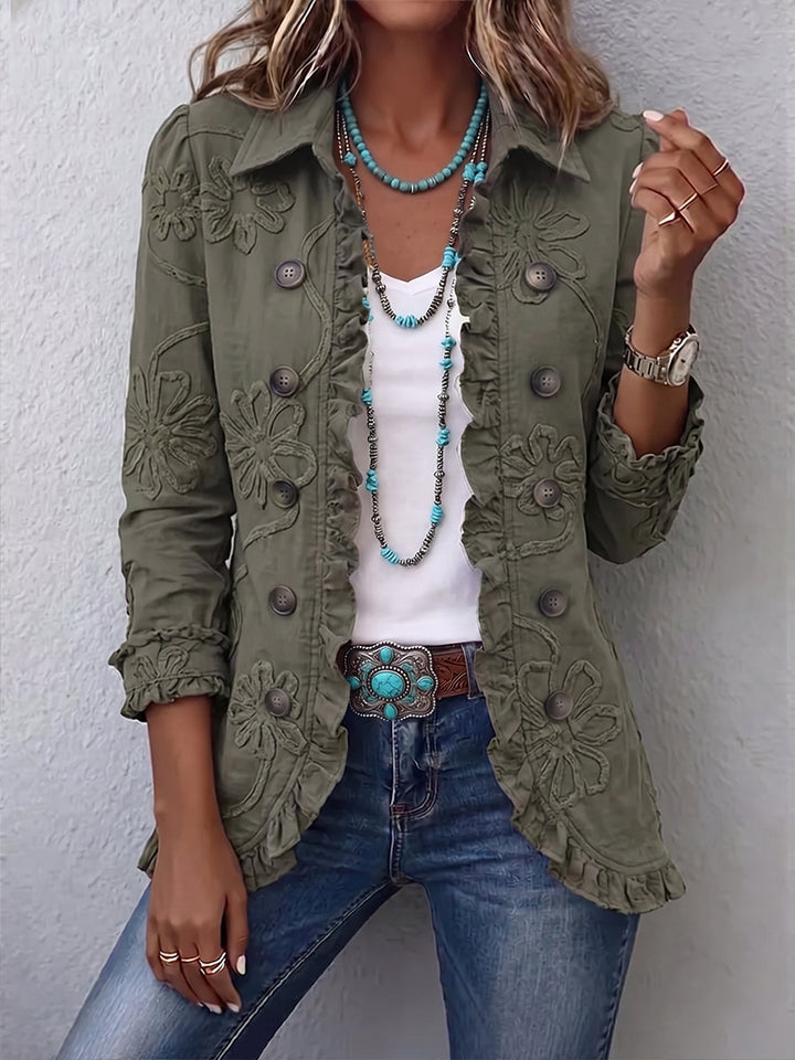Women's green floral embroidered jacket with ruffle trim detail