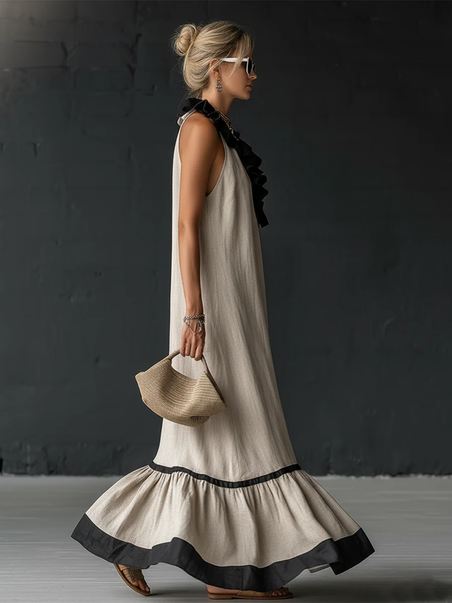 Woman wearing ruffled color-block maxi dress outdoors