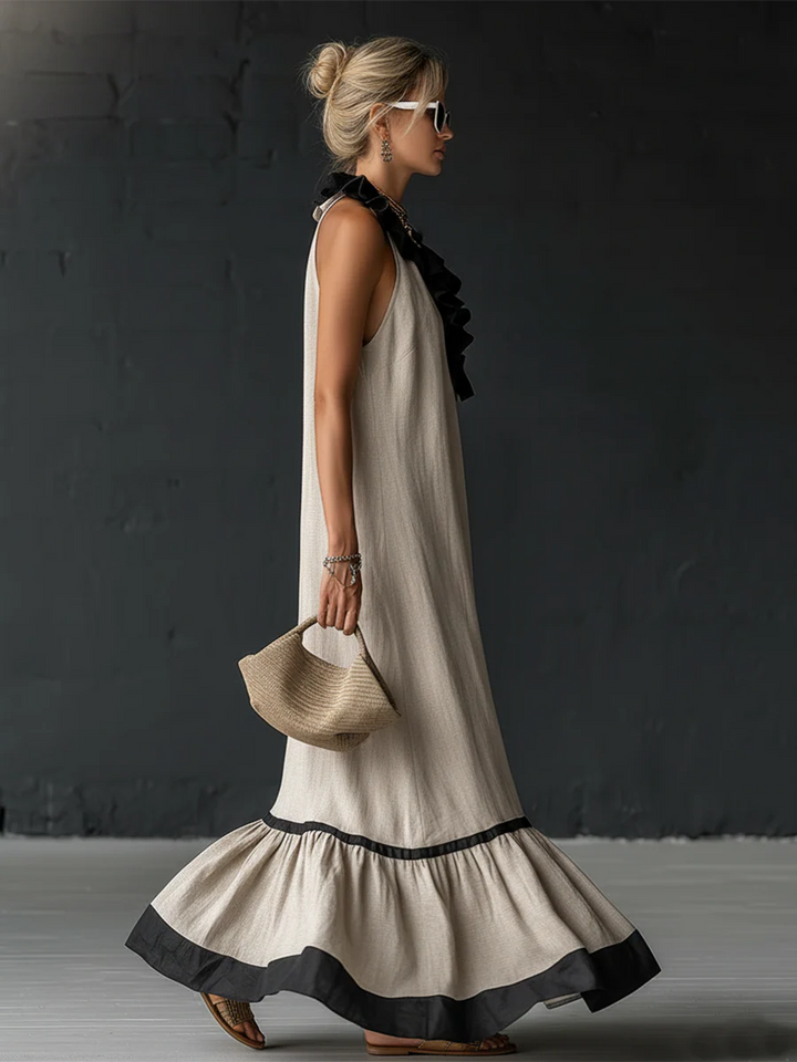 Woman wearing ruffled color-block maxi dress outdoors
