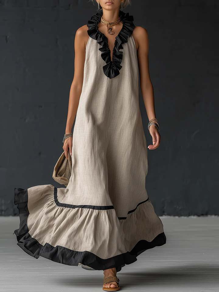 Woman wearing ruffled color-block maxi dress outdoors