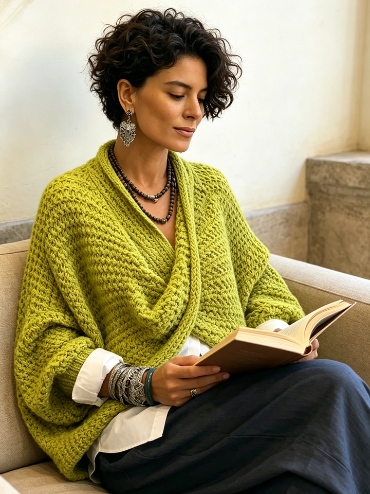 Woman wearing batwing crossover v-neck sweater in fall outfit