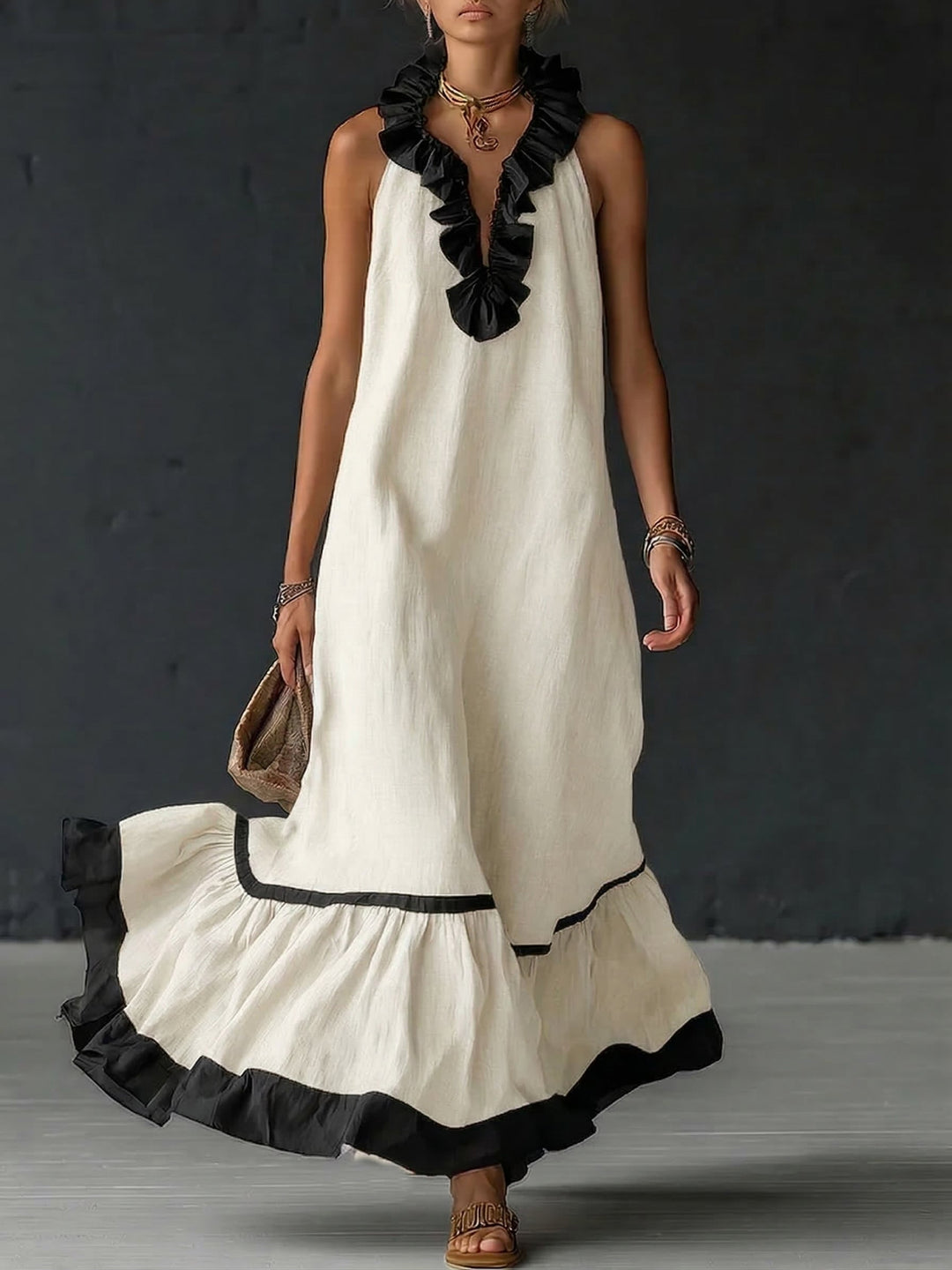 Woman wearing ruffled color-block maxi dress outdoors