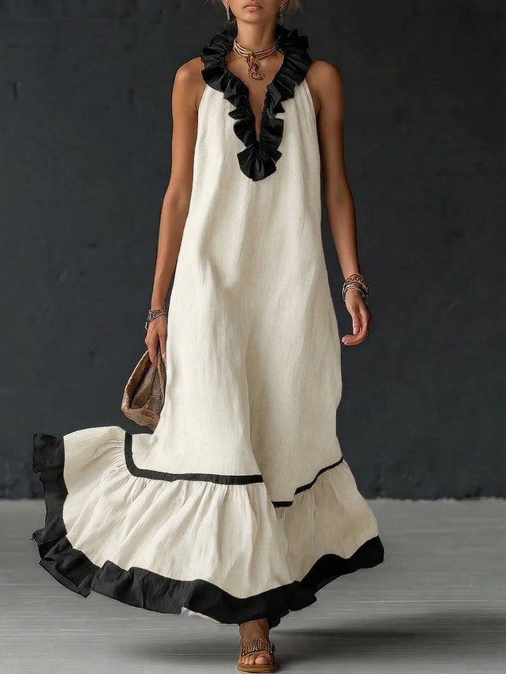 Woman wearing ruffled color-block maxi dress outdoors
