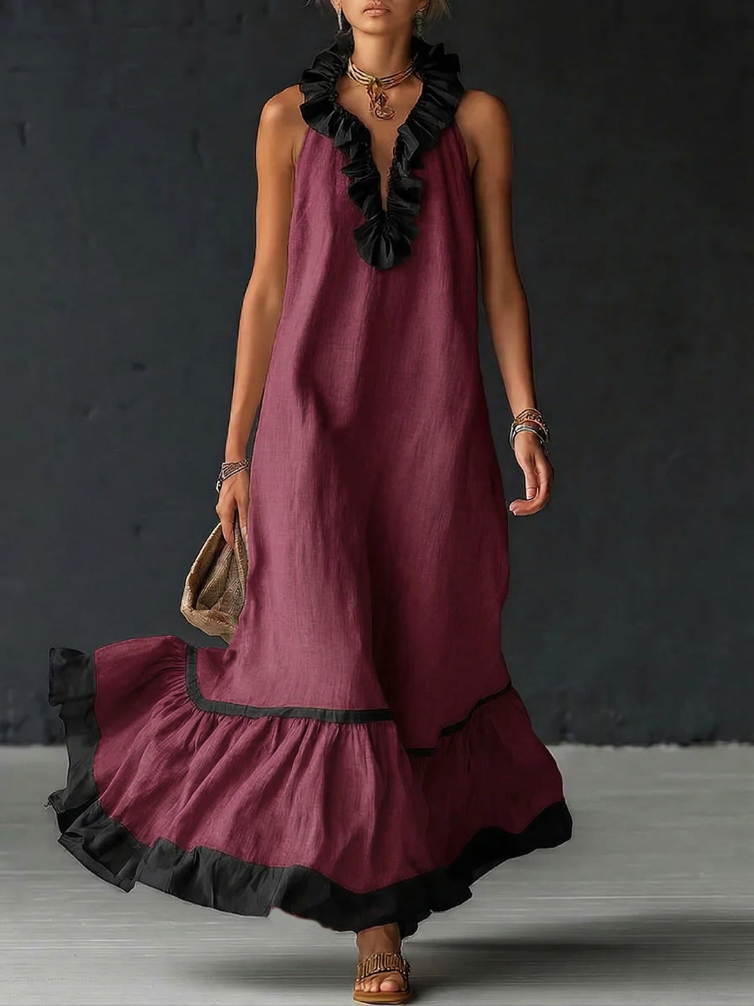 Woman wearing ruffled color-block maxi dress outdoors
