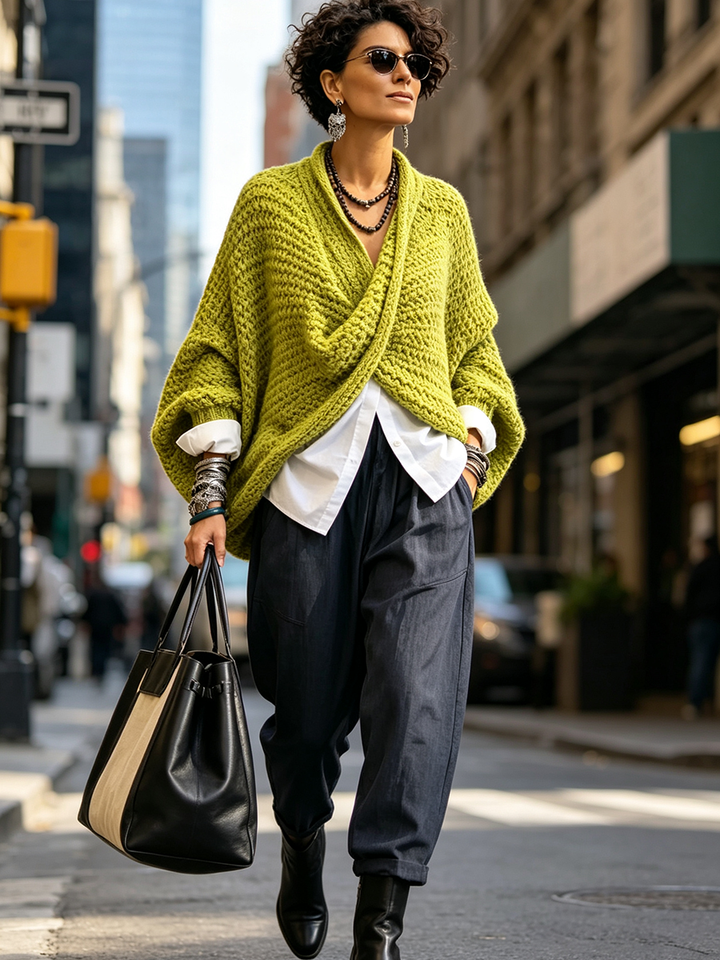 Woman wearing batwing crossover v-neck sweater in fall outfit