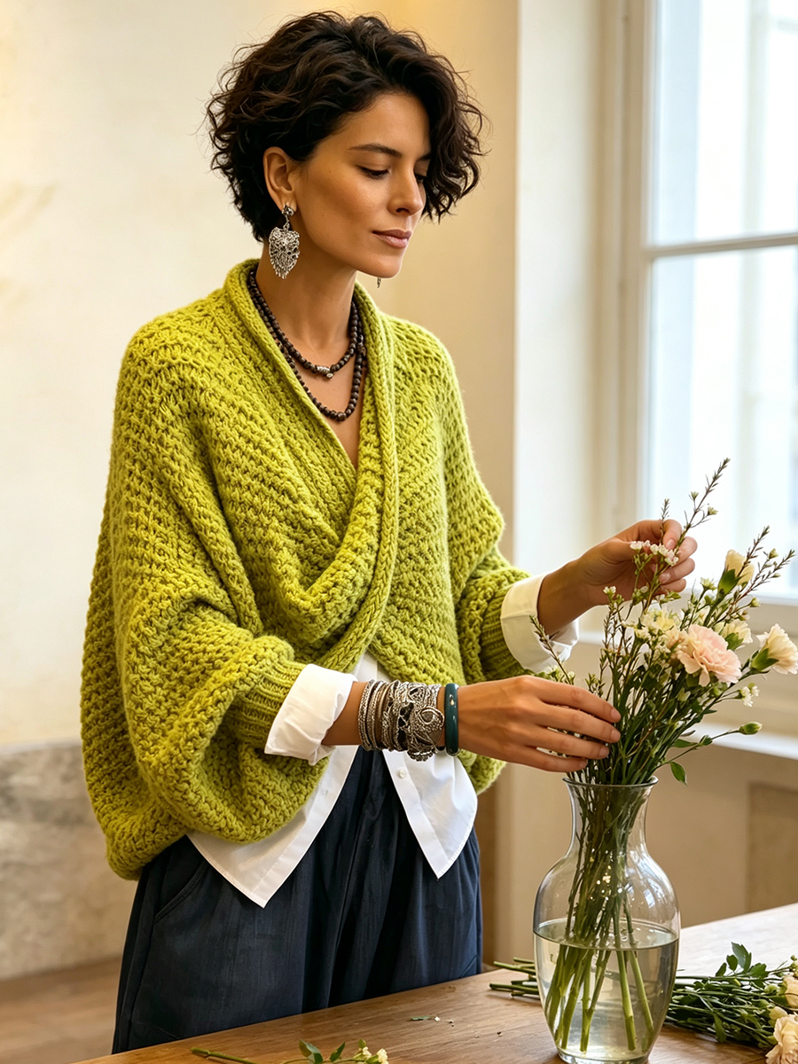Woman wearing batwing crossover v-neck sweater in fall outfit
